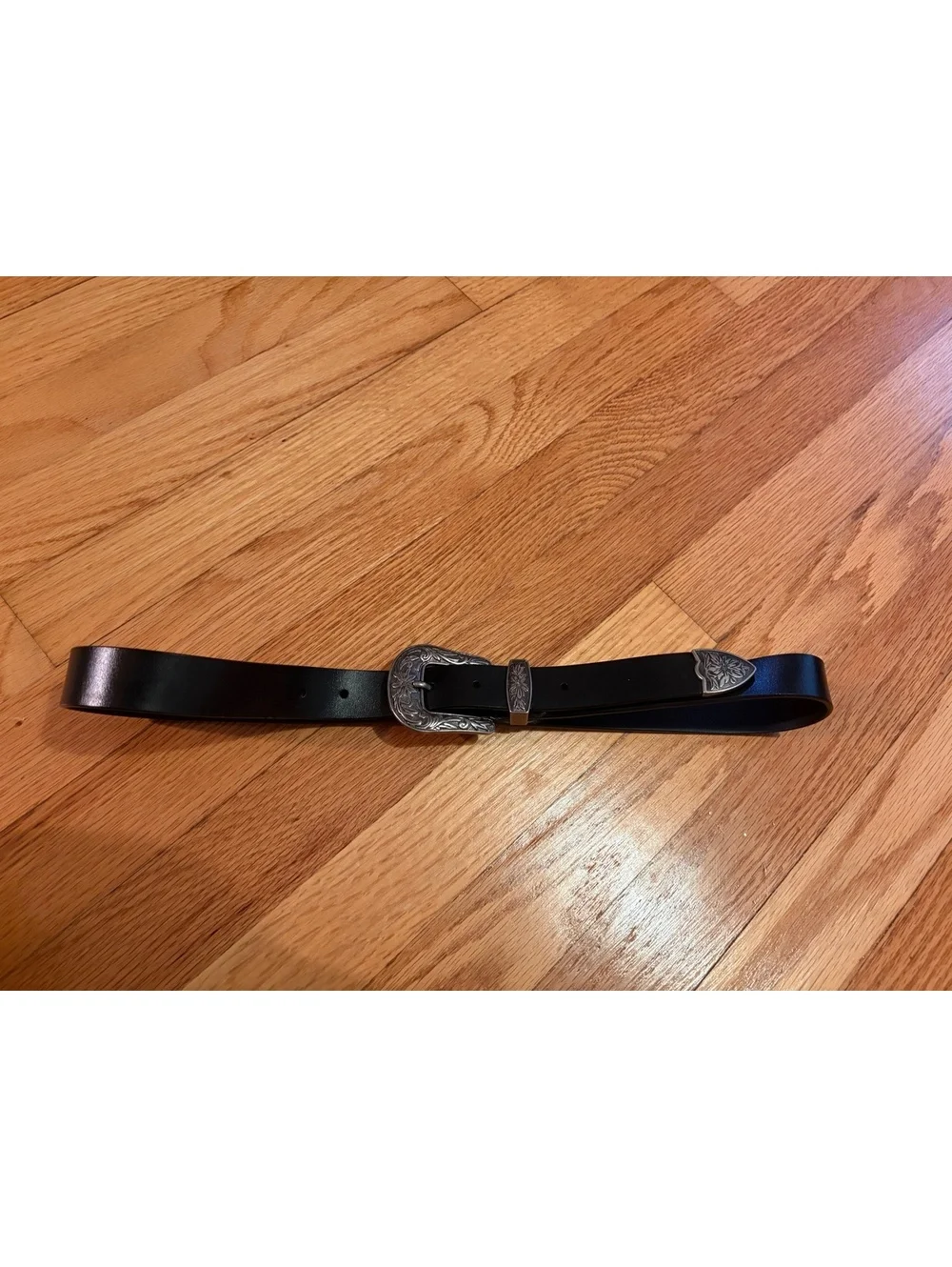 Black Western Style Leather Belt with Embossed Silver Buckle